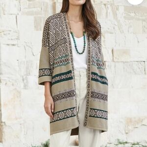 Peruvian Connection Mojave Cardigan Pima Cotton in Tan, Cream & Teal M/L
